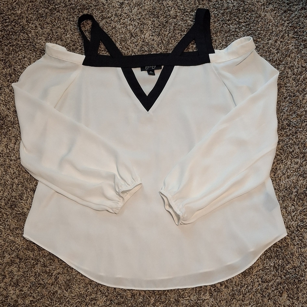 Off-Shoulder White Blouse with Black Trim